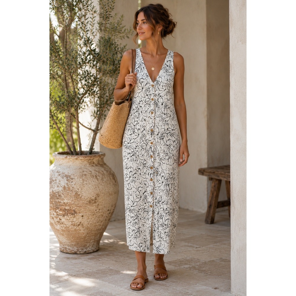 Old Navy Linen Button Dress Womens S White Black Floral Midi Boho Chic Resort‎